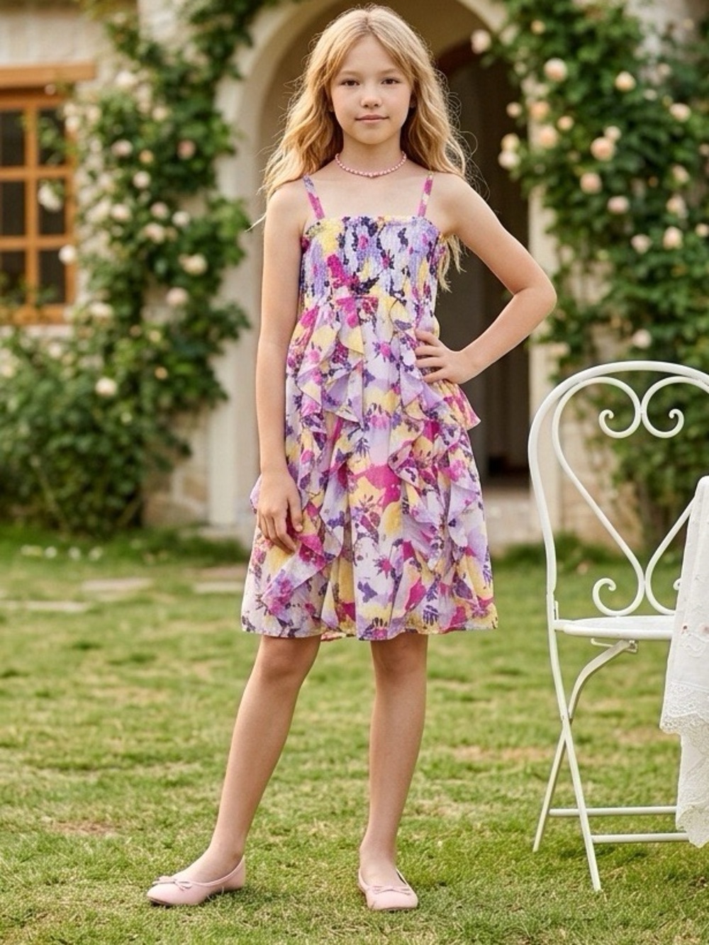 Justice Floral Smocked & Ruffles Dress in Pink, Purple & Yellow Girls Size 10